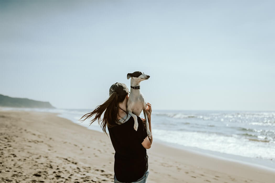 Woman holding dog by the beach
